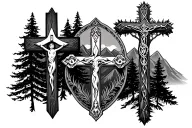 3 crosses with trees and mountains incorporate god tattoo design idea