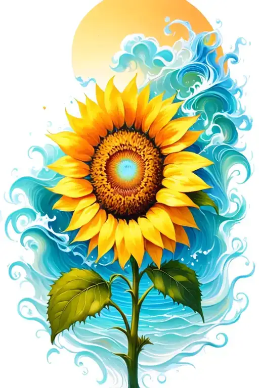sunflower in wind surrounded by ocean tattoo design idea