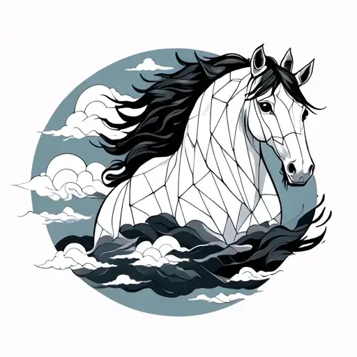 fine line Korean geometric pattern horse on Korean clouds tattoo design idea