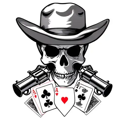doc holliday skull with six shooters and cards below tattoo design idea