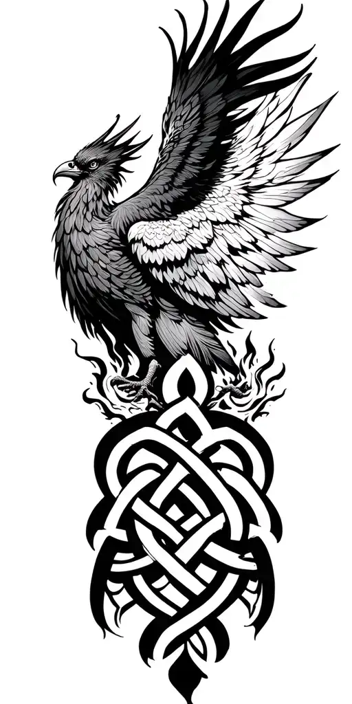 Incorporate a phoenix rising from the ashes into a Celtic knot design tattoo design idea