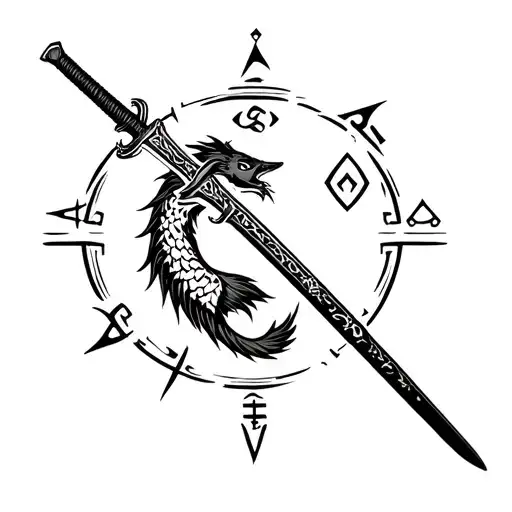 fenrir with runic symbols and runes pattern incorporating japanese short sword katana and a pisces zodiac  tattoo design idea