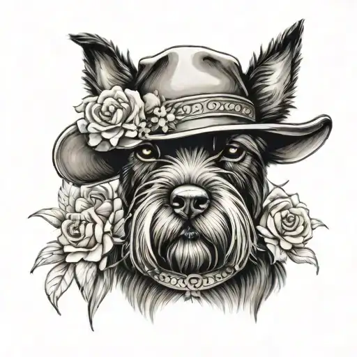 all black schnauzer with cowgirl hat and brown eyes and a collar and flowers looking to the side tattoo design idea