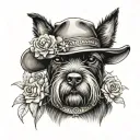 all black schnauzer with cowgirl hat and brown eyes and a collar and flowers looking to the side tattoo design idea