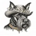 all black schnauzer with cowgirl hat and brown eyes and a collar and flowers looking to the side tattoo design idea