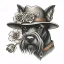 all black schnauzer with cowgirl hat and brown eyes and a collar and flowers looking to the side tattoo design idea
