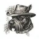 all black schnauzer with cowgirl hat and brown eyes and a collar and flowers looking to the side tattoo design idea