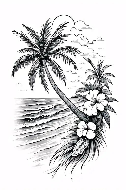 beach with ocean waves crashing with palm tree and hibiscus on the right side tattoo design idea