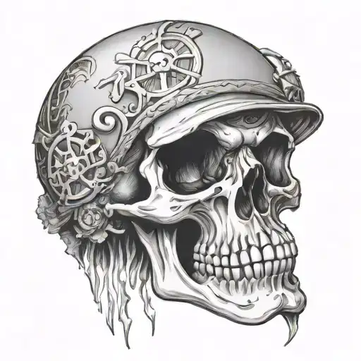 a skull in "one piece" manga style, include in a turtle shell  tattoo design idea