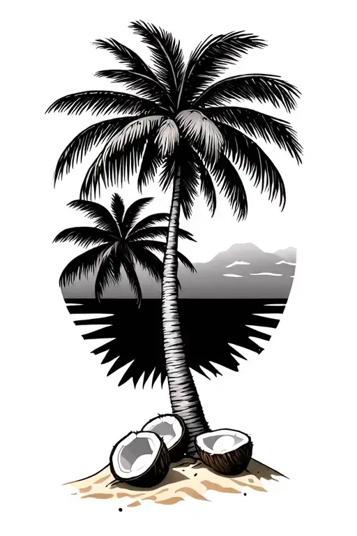 Palm Tree With sand and coconuts. beach scene tattoo design idea