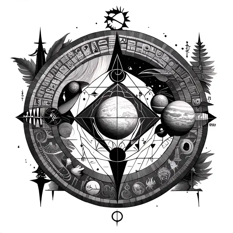 Pisces sacred geometry with Egyptian gods and symbols creatively placed for a guy also add the planets tattoo design idea