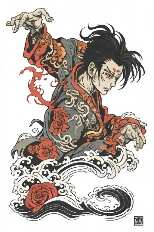 anime style, bloody eyes, waves tattoo design idea