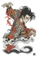 anime style, bloody eyes, waves tattoo design idea