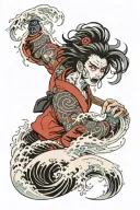 anime style, bloody eyes, waves tattoo design idea