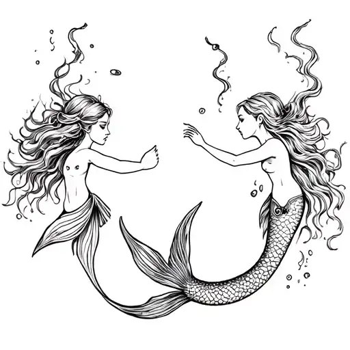 2 Pisces mermaid swimming different directions tattoo design idea