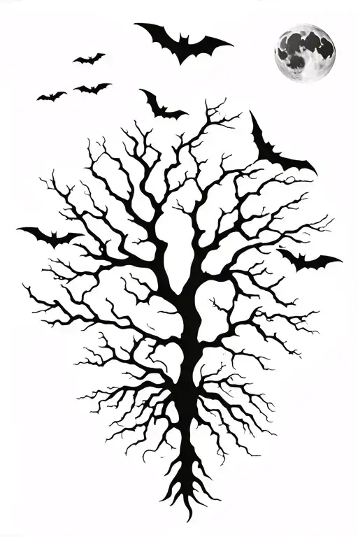 poison tree with bats flying across and a moon rising tattoo design idea
