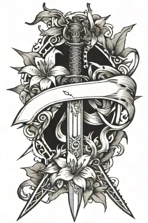 sword surrounded by spiderlilies tattoo design idea