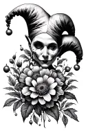 jester with flowers growing tattoo design idea