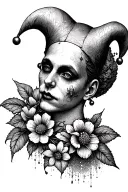 jester with flowers growing tattoo design idea