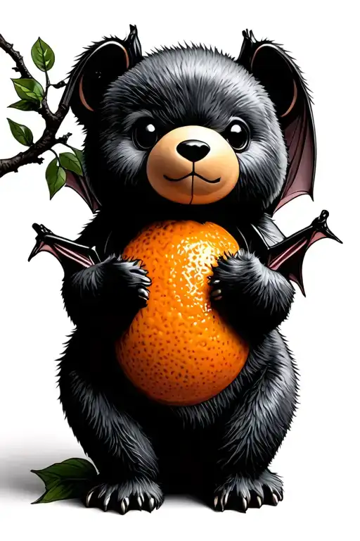  teddy bear as an orange fruit bat with branch tattoo design idea