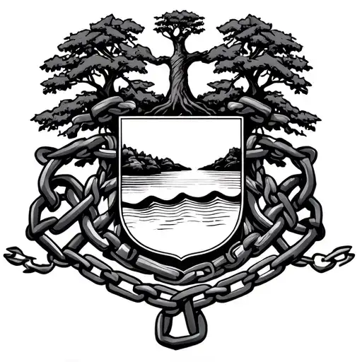 lee family crest with a river, linked chain, three parallel lines and an oak tree tattoo design idea