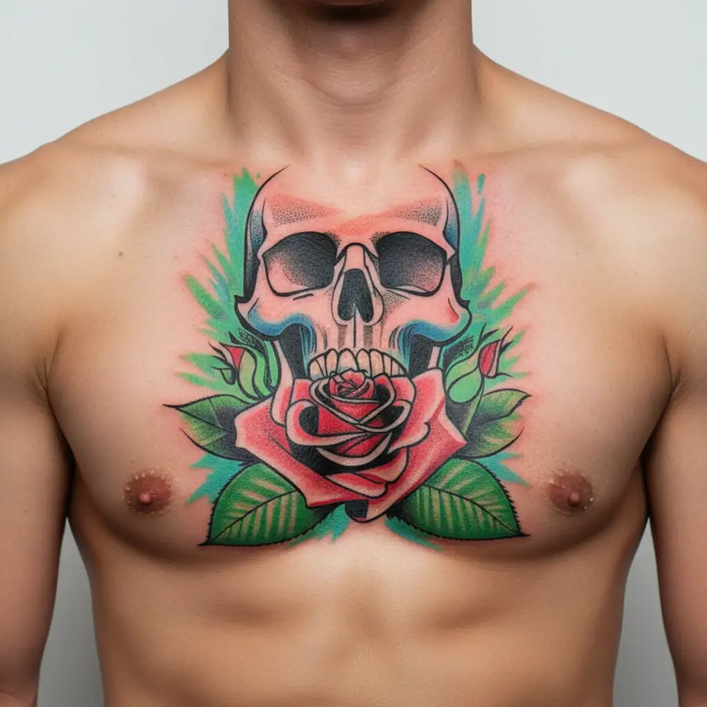 Thigh tattoo of a skull, roses , snake going to bite the knee tattoo design idea