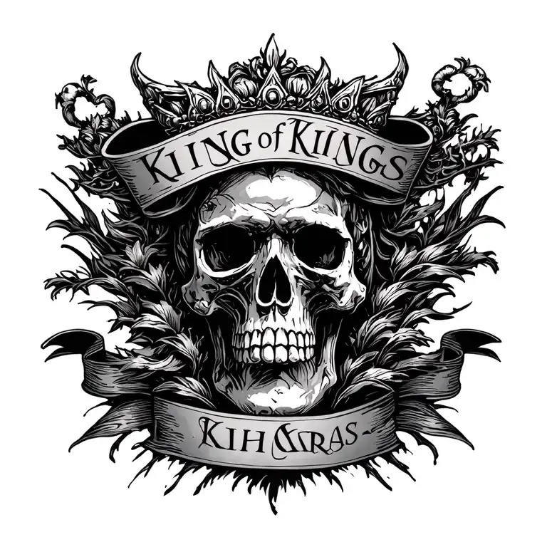 "king of kings" words on a banner with a skull tattoo design idea