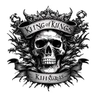 "king of kings" words on a banner with a skull tattoo design idea