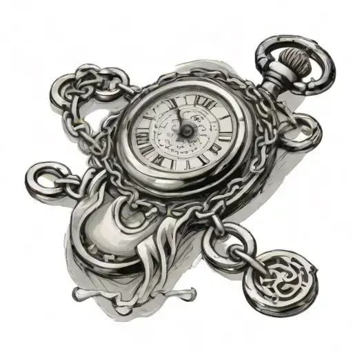 A pocket watch, Roman numeral 22:00. The face of the watch is broken. The watch is connected by a chain to a ring that i tattoo design idea