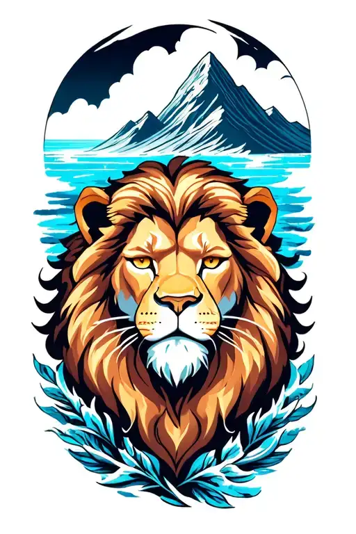 lion, blue sea, mountain tattoo design idea