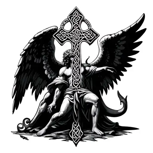 Celtic cross with a angel under it stepping on the devil tattoo design idea