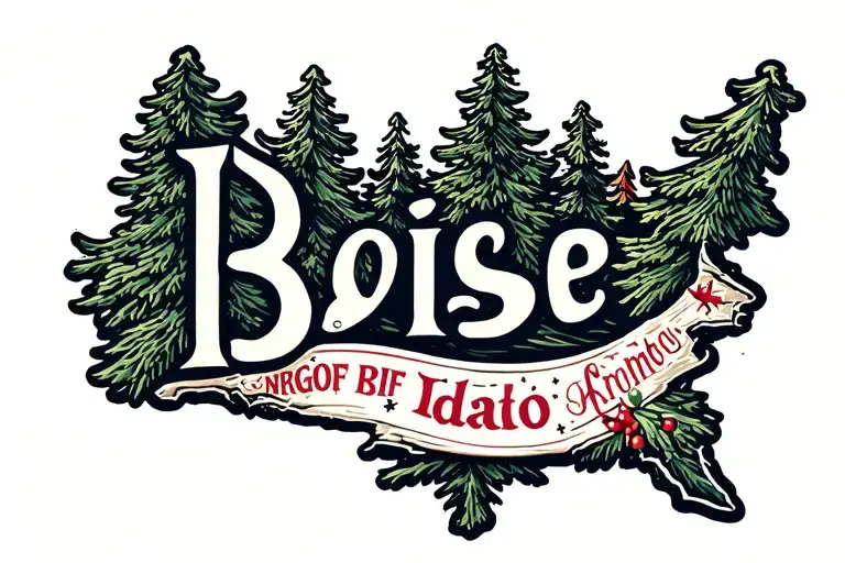 Christmas tree outline with the shape of Idaho inside and Boise printed tattoo design idea