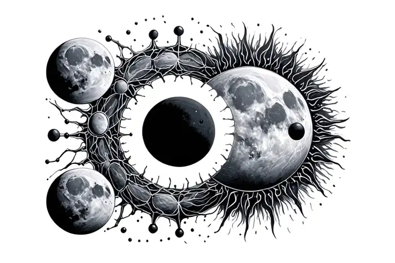 artificial neural metwork with nodes as moons and suns with some eclipse tattoo design idea