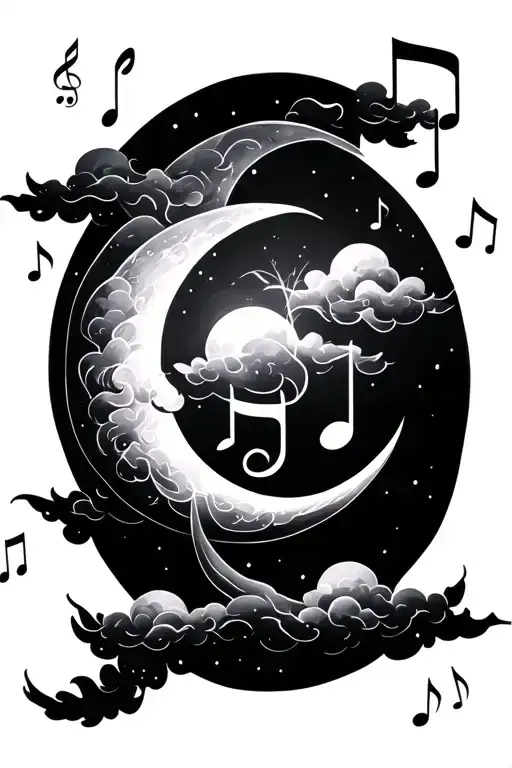 music notes and clouds intertwined within with a crescent moon  tattoo design idea