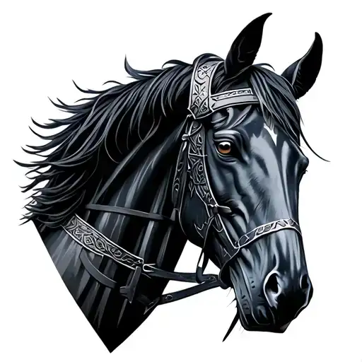 nazgul horse, head and neck, side view, armoured horse tattoo design idea