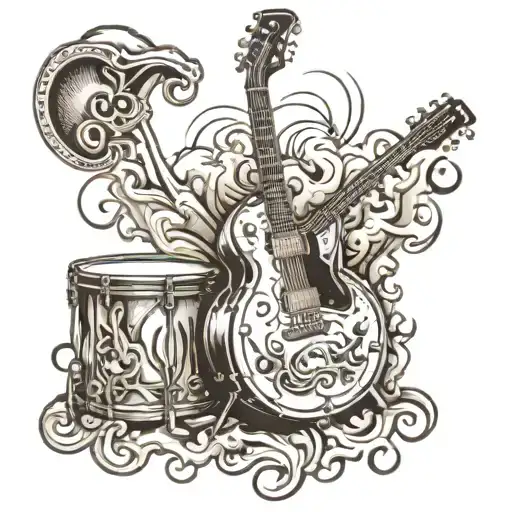 guitar leaning against a drum kit with smoke forming the shape tattoo design idea