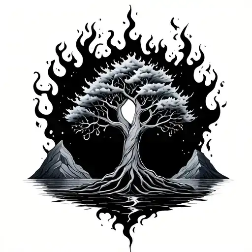 Elemental Tree with fire, water, earth elements incorporated tattoo design idea