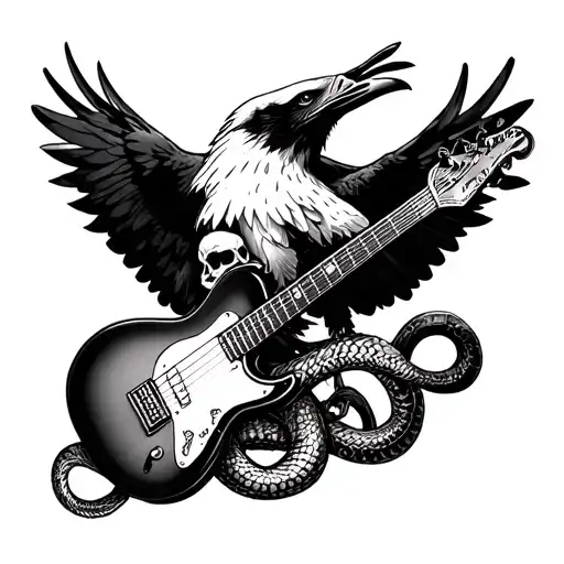 full sleeve tattoo, eagle, gibson guitar, crow, skull, snake tattoo design idea