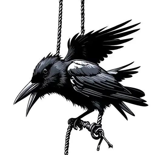 Minimalist tattoo design of a crow hanging from a rope around its neck. The style should be a solid black ink silhouette tattoo design idea