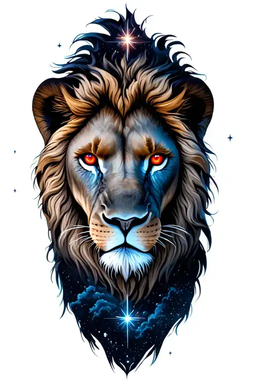 Lion head with red eyes surrounded by night, sky stars in clouds, stars indicating zodiac, Leo, Taurus, Gemini, Capricor tattoo design idea