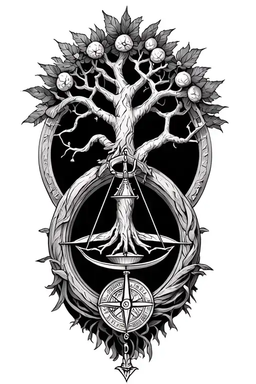 gothic tree of life, libra scale, old 3D compass intertwined tattoo design idea