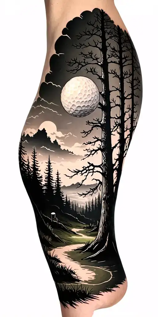 creepy forest scene with black sky golf course golf ball tattoo design idea