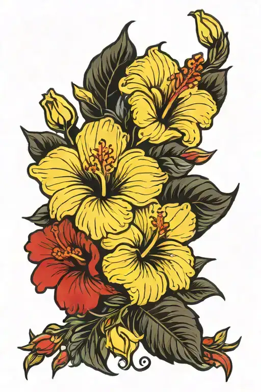 yellow hibiscus and red rose intertwined tattoo design idea