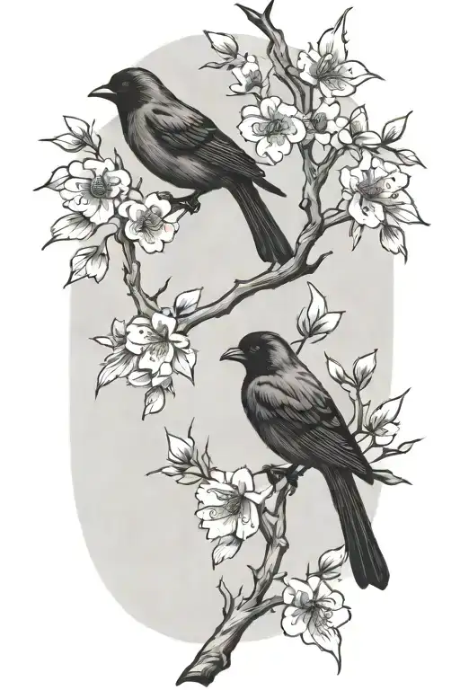 sideways skinny spooky scary cherry branch with minimal blossoms black and grey four solid black birds sitting on branch tattoo design idea