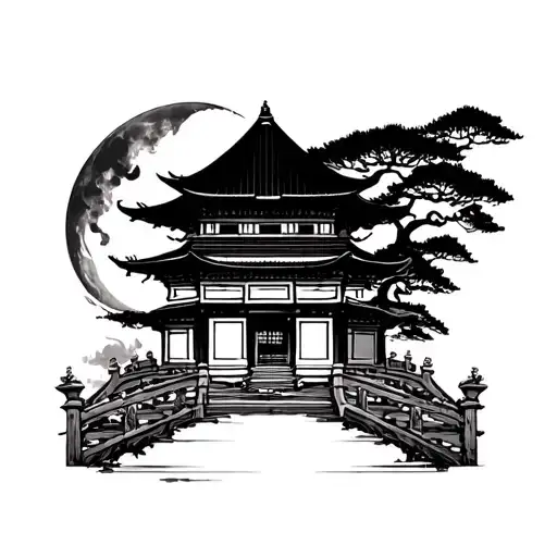 An oriental temple with trees of life a moon behind and a smoke with curves in Eastern railing tattoo design idea