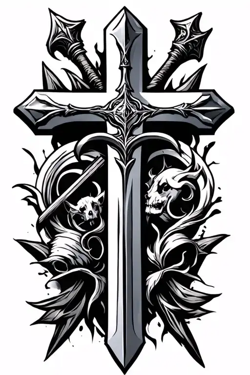 cross with sword and shepherds staff tattoo design idea