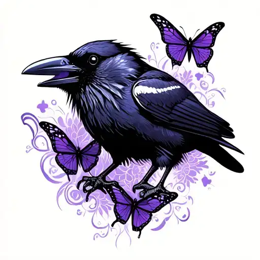 crow with open mouth and butterflies with the colors purple and black  tattoo design idea
