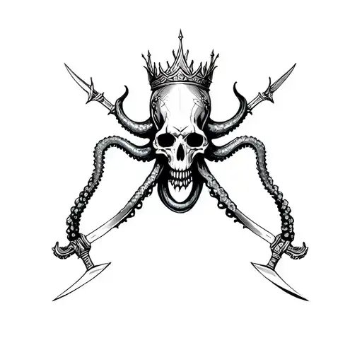 An octopus infused skull wear a thorn crown on a warrior's body with hands holding blades tattoo design idea