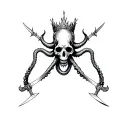 An octopus infused skull wear a thorn crown on a warrior's body with hands holding blades tattoo design idea