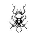 An octopus infused skull wear a thorn crown on a warrior's body with hands holding blades tattoo design idea